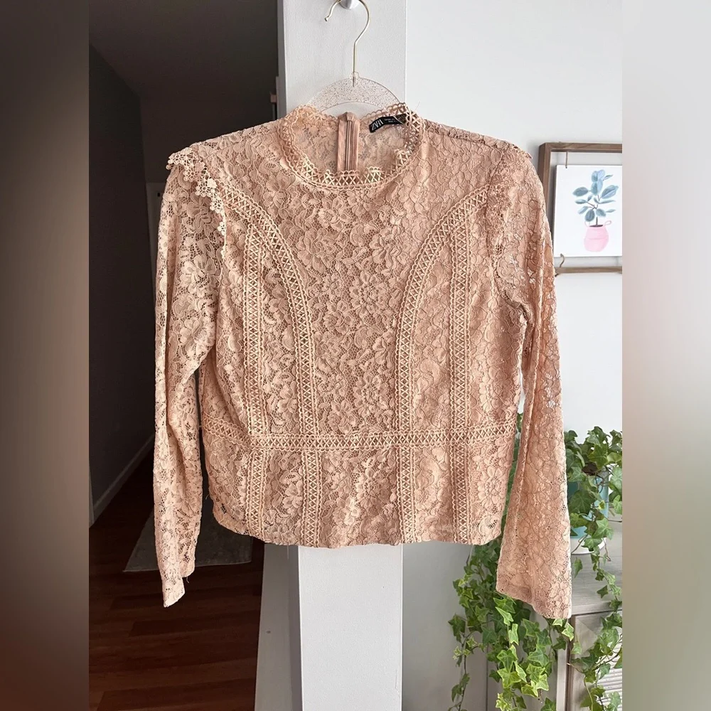 Delicate Lace Crewneck Blouse - Blush , Zara